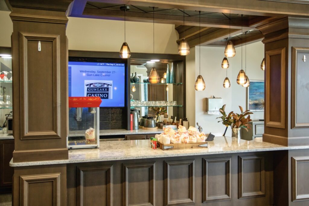 Socializing area for drinks, snacks, and conversation.