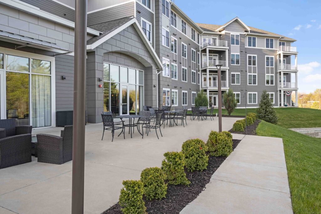 Rivertown Ridge in Wyoming, MI, exterior shot with patio seating.