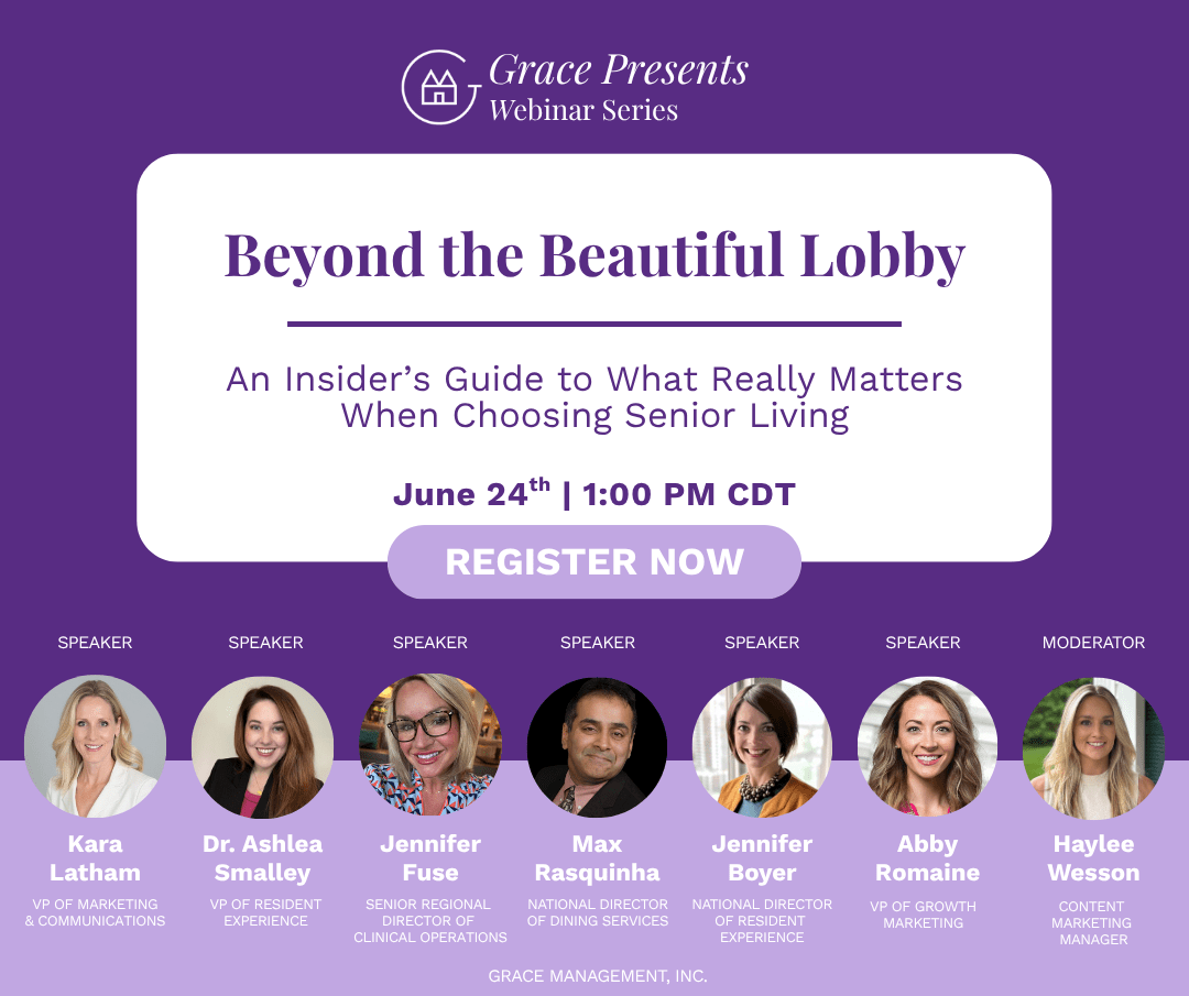 Promotional webinar poster with title Beyond the Beautiful Lobby, date June 24 at 1 PM CDT, and a Register Now button on purple background.