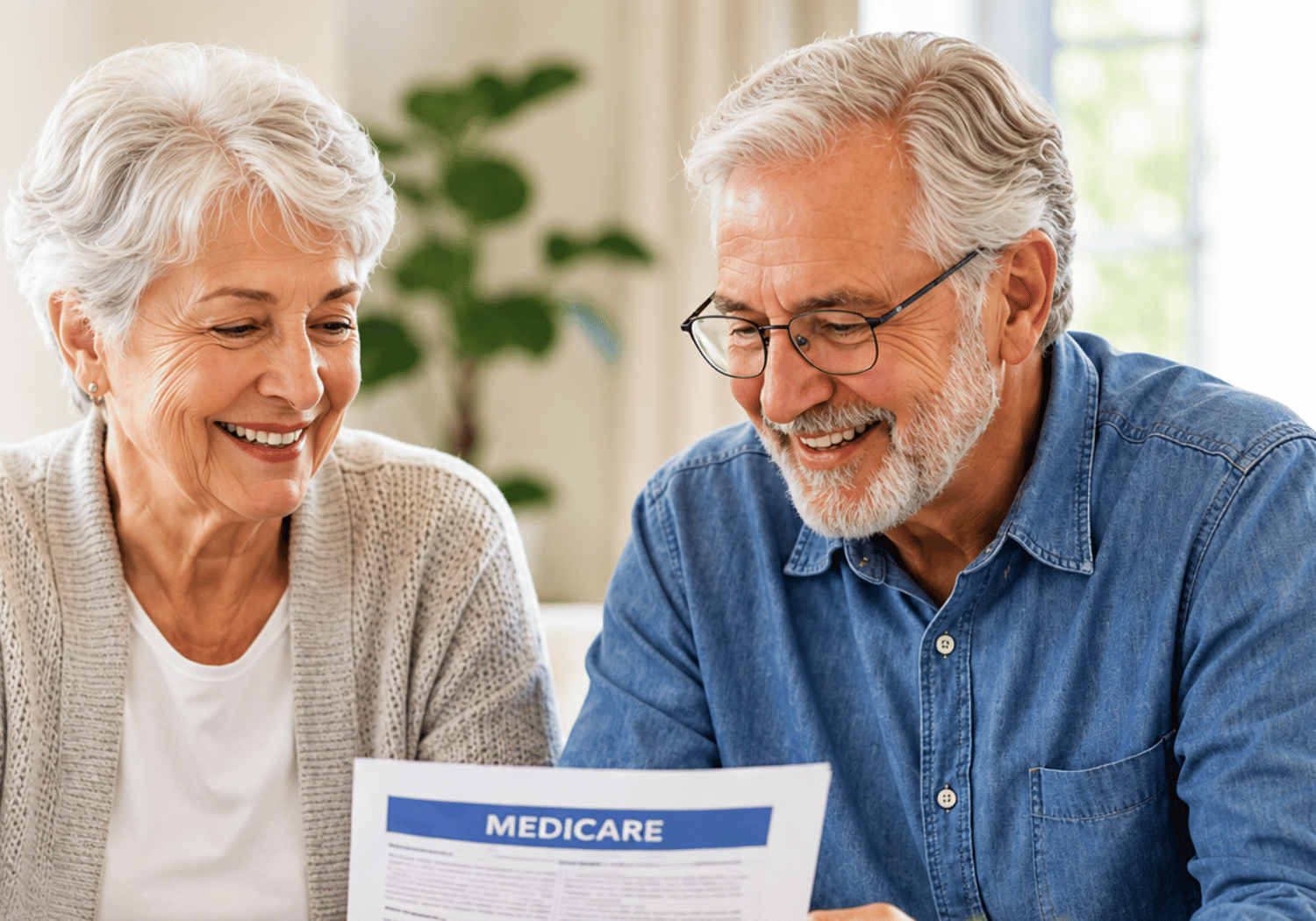 Smiling elderly couple reading a Medicare brochure together.